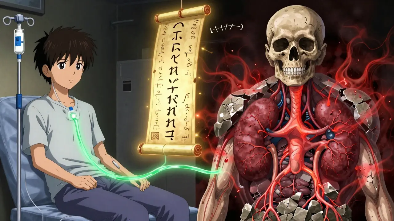 Split scene: healthy patient with smooth drug flow vs. elderly patient with toxic energy surging into nervous system, Cockcroft-Gault equation glowing in background.