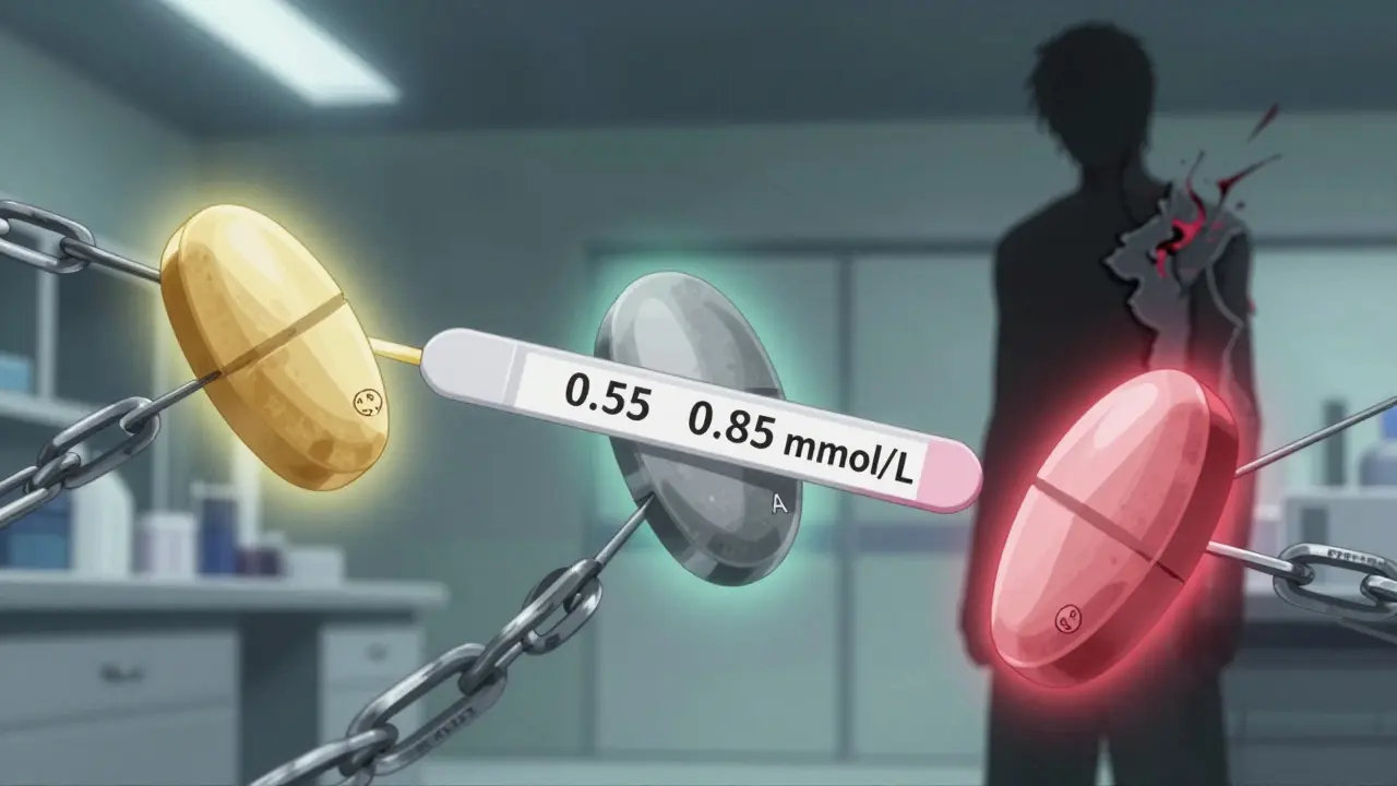 Three lithium tablets floating with different auras, a blood test strip fluctuating between dangerous and therapeutic levels.