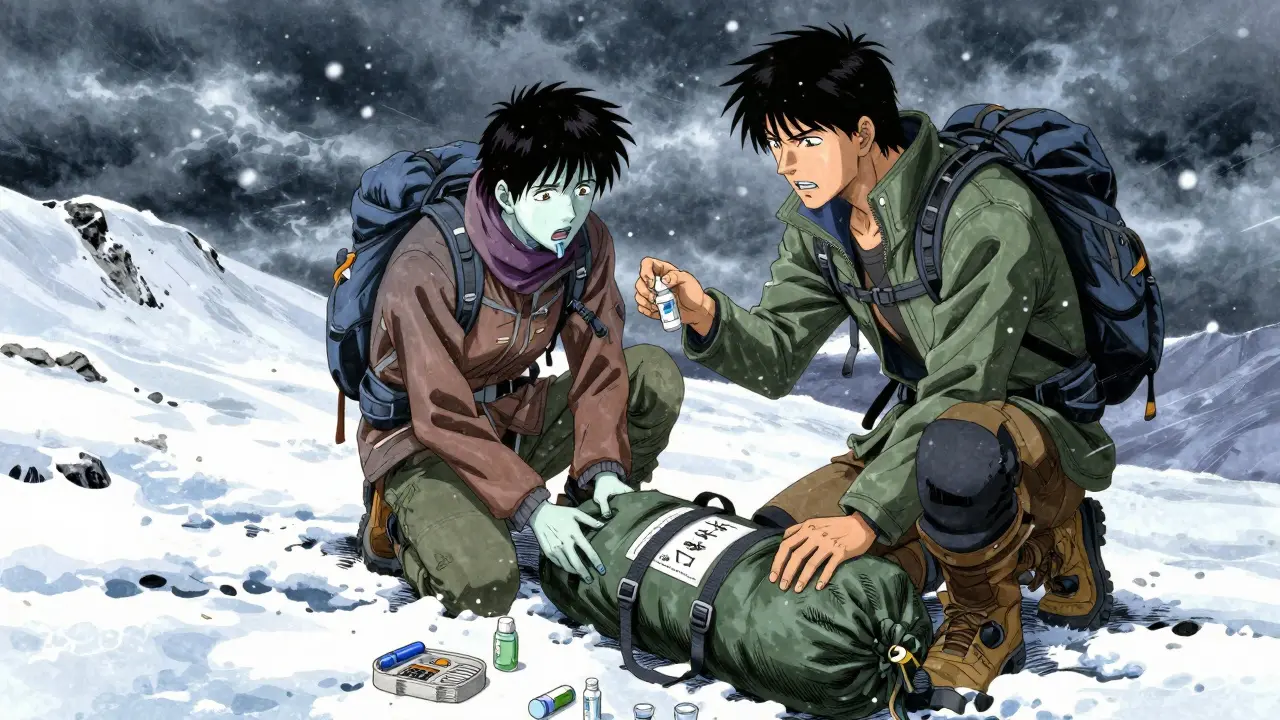 Two trekkers assist a sick companion on a high-altitude ridge, preparing emergency medication.