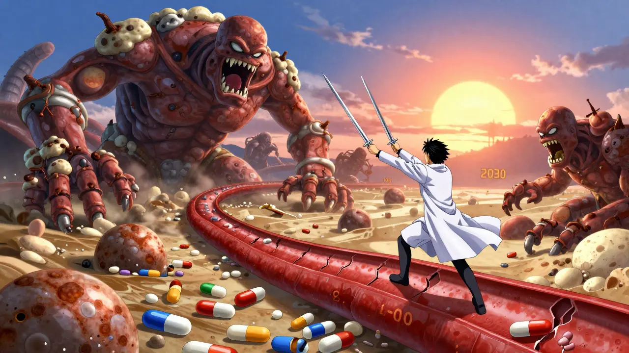 A battle inside an artery pits plaque monsters against cholesterol-lowering drugs under a rising dawn.