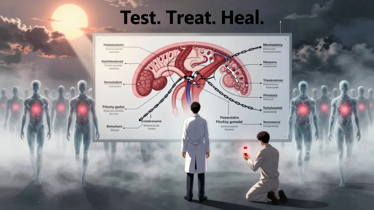 A doctor facing a broken hormonal pathway chart, surrounded by fading figures, as one man holds a glowing blood test vial.