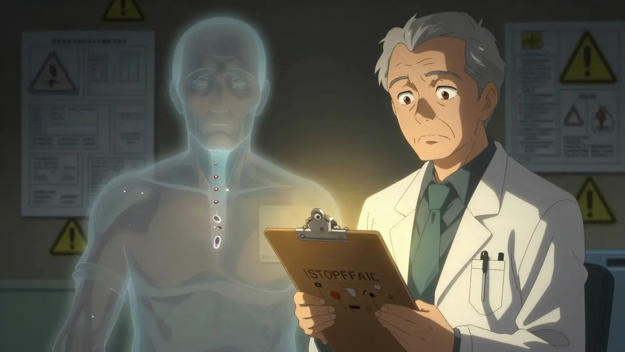 A doctor holds a STOPPFall tool diagram while an older patient fades into a ghostly form as opioids leave their body.