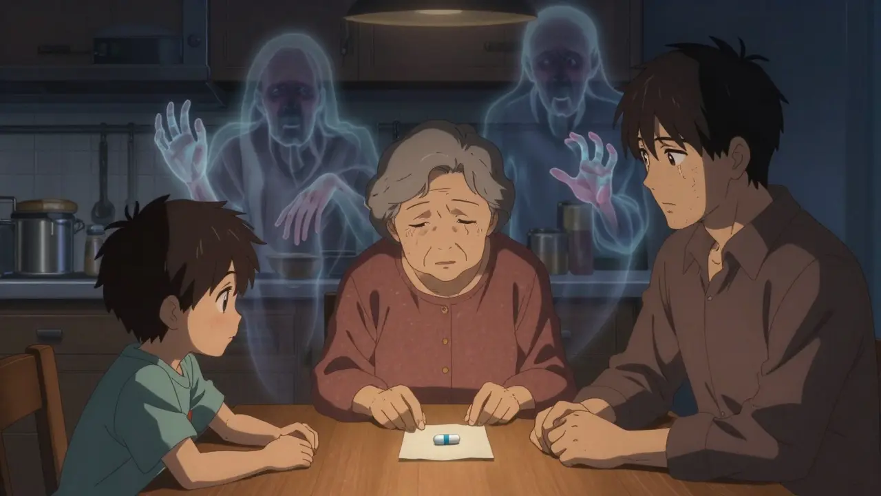A family sits at a kitchen table with a single opioid pill between them, ghostly images of falls and confusion hovering behind.