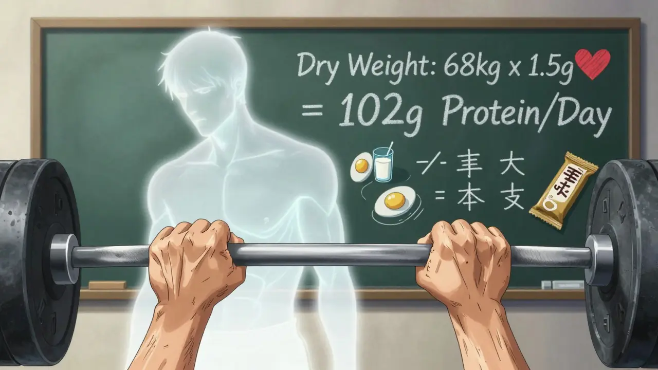 A hand gripping a barbell as a weaker version fades, with protein calculations on a chalkboard.