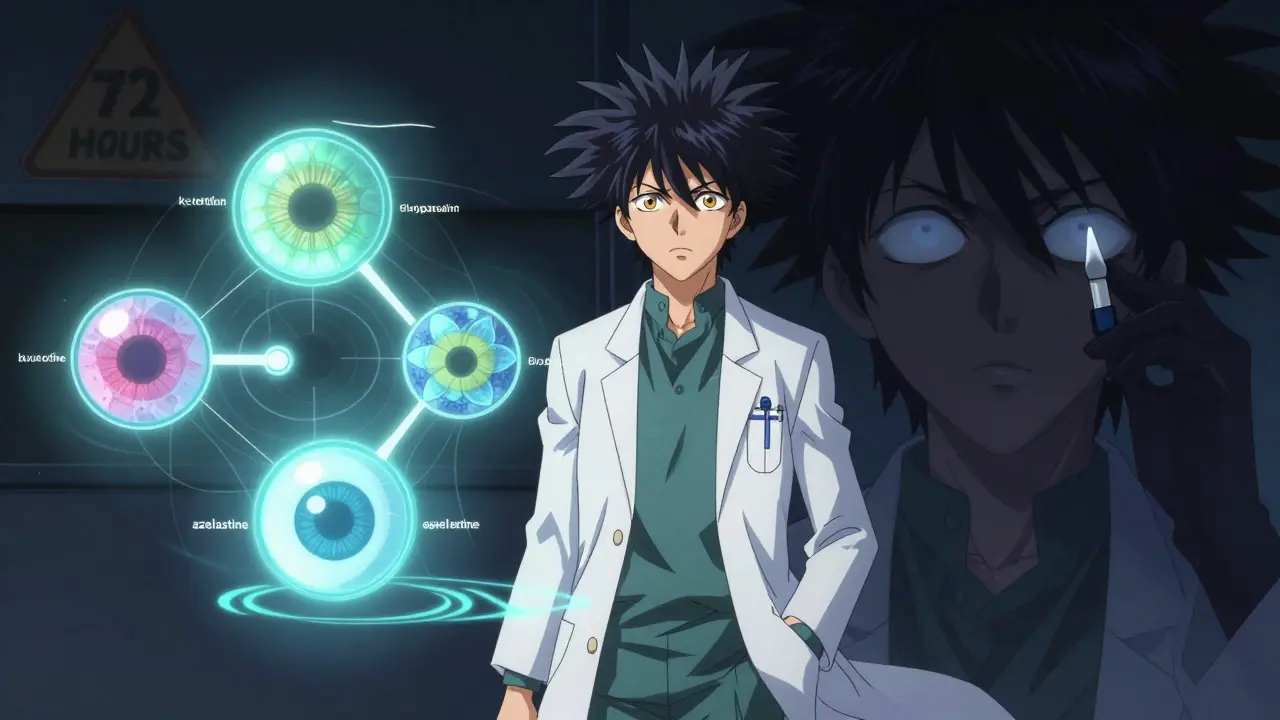 A medical figure presents molecular structures of eye drops while a shadowy user ignores safety limits.