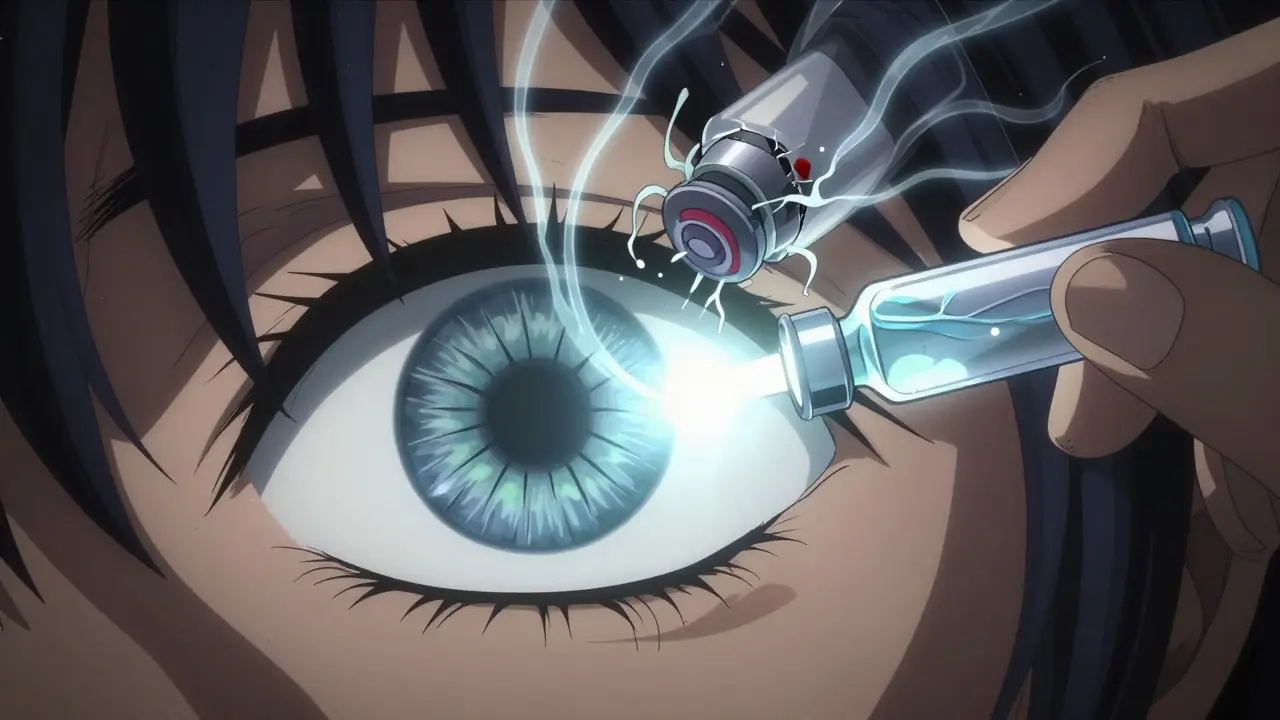 A protective light repels a harmful preservative spike near a single-use eye drop vial.