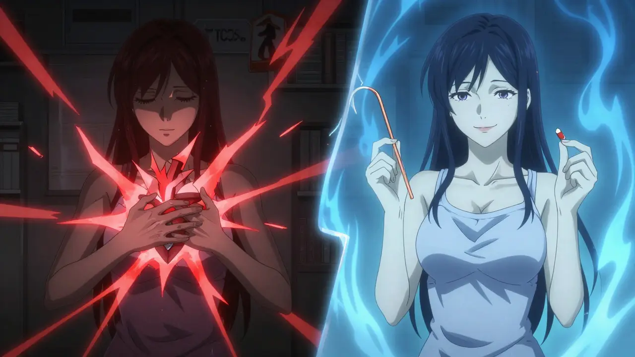 A woman contrasts rising toxic energy from tricyclic antidepressants with calm blue light from bupropion and a copper IUD.