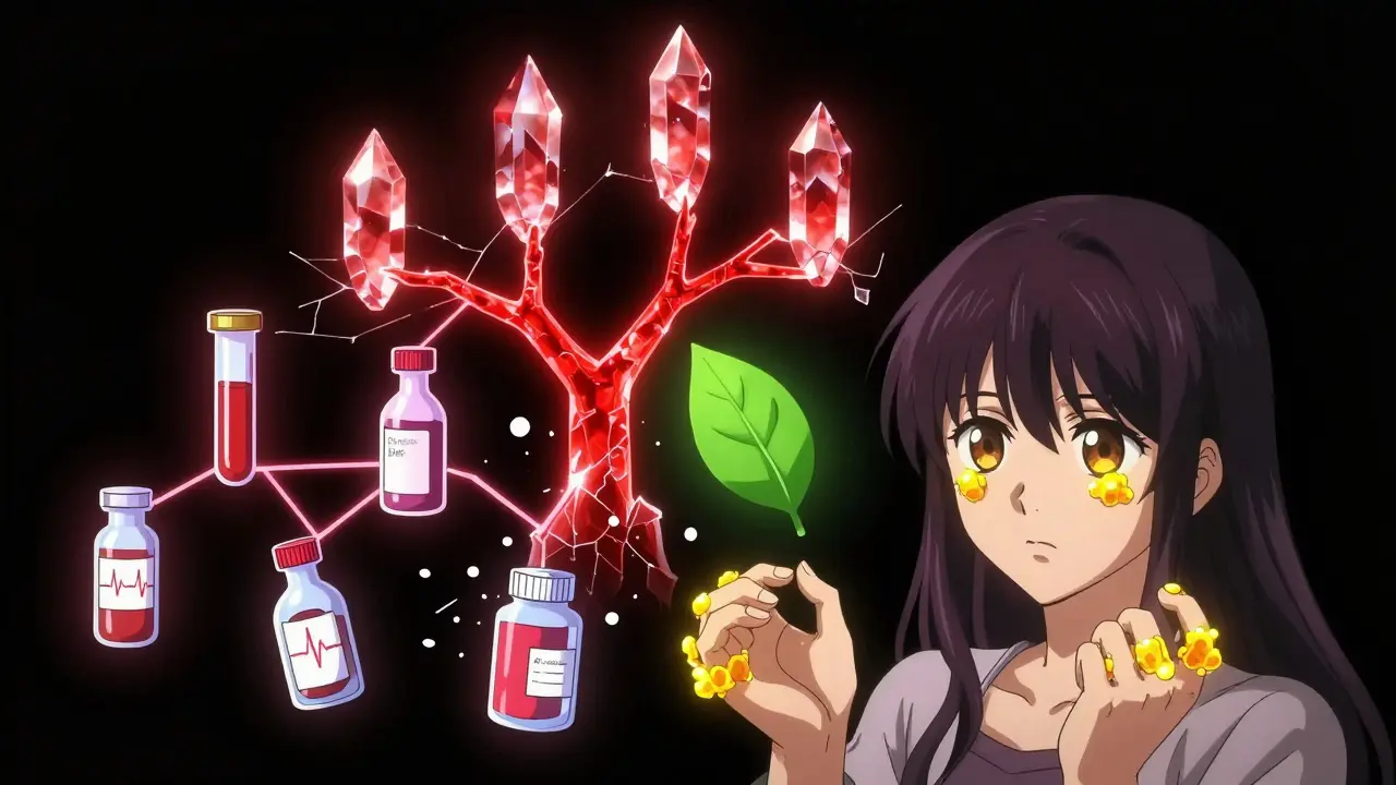 A woman with cholesterol deposits on her skin stands beside a glowing family tree showing inherited hypercholesterolemia.