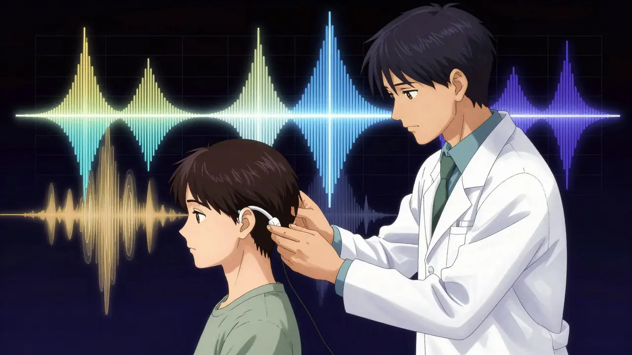 An audiologist applying a bone conduction device as sound waves ripple in geometric patterns.