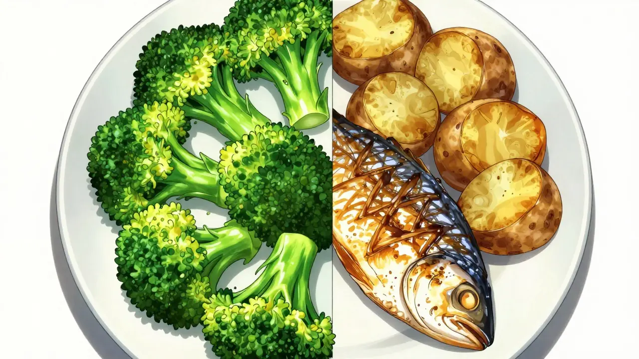 Balanced meal plate divided into vegetable, protein, and grain portions.