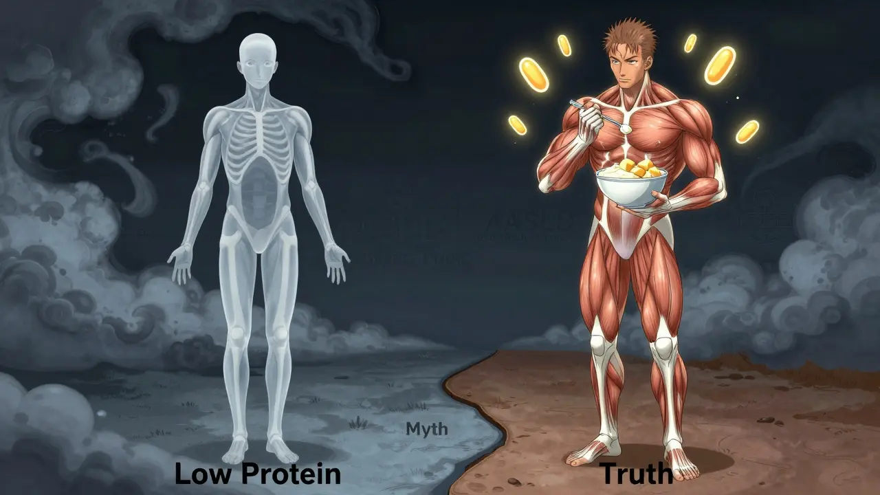 Contrasting figures of muscle loss and recovery with amino acid symbols, in Tite Kubo anime style.