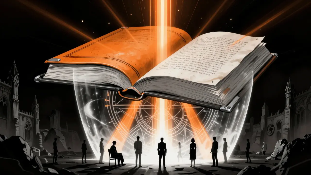 Giant open book casting protective orange shield light over people.