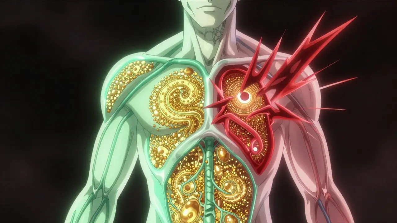 Human silhouette showing smooth green versus blocked red energy pathways.