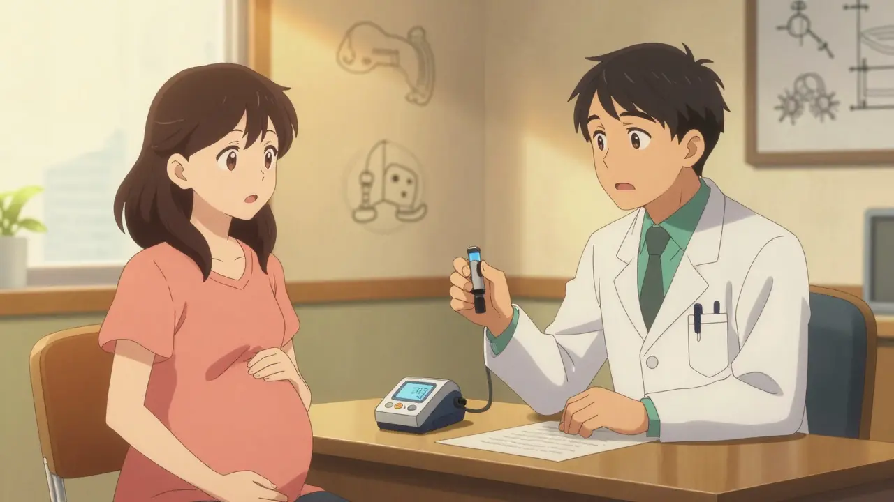 Pregnant woman and doctor discussing health in clinic