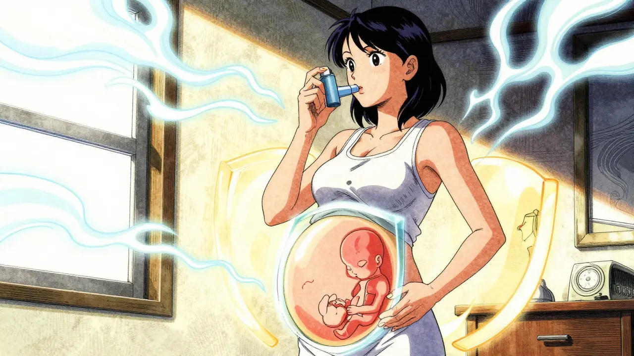 Pregnant woman using inhaler with protective glow around belly