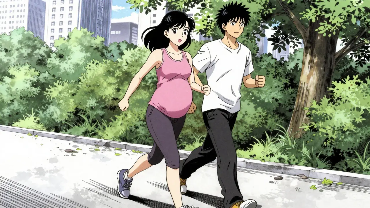 Pregnant woman walking with partner in park to aid digestion.