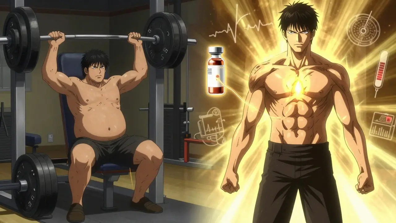 Split image of a man before and after testosterone therapy, showing physical transformation with glowing medical symbols.