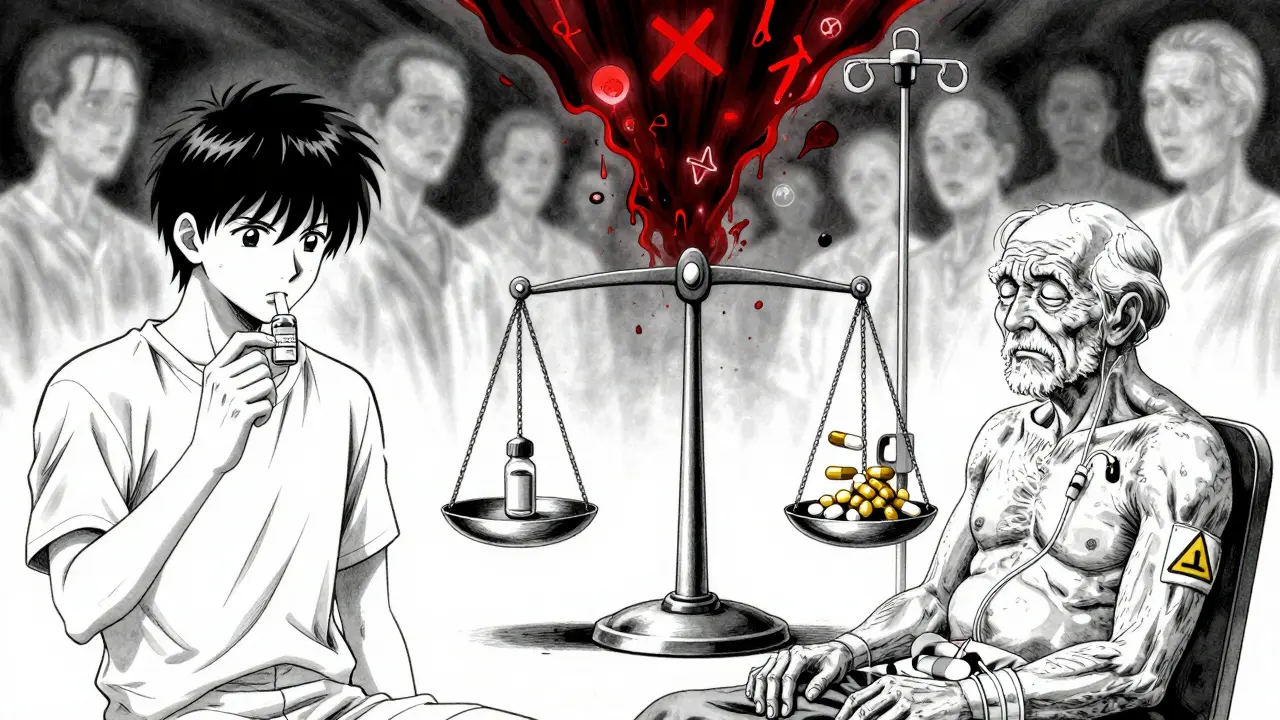 Split scene comparing standard dosing to complex elderly dosing with risk symbols on a balance scale.