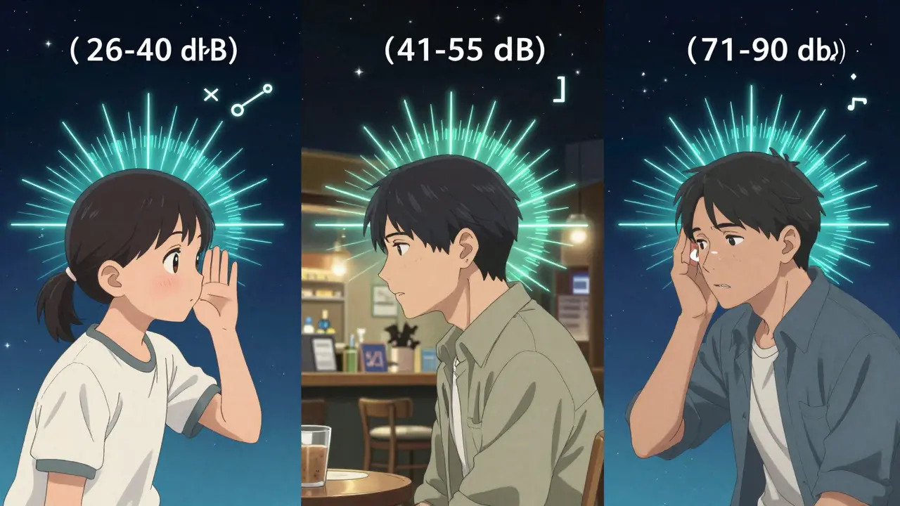 Three people experiencing different levels of hearing loss, each with glowing audiogram symbols radiating from their heads.