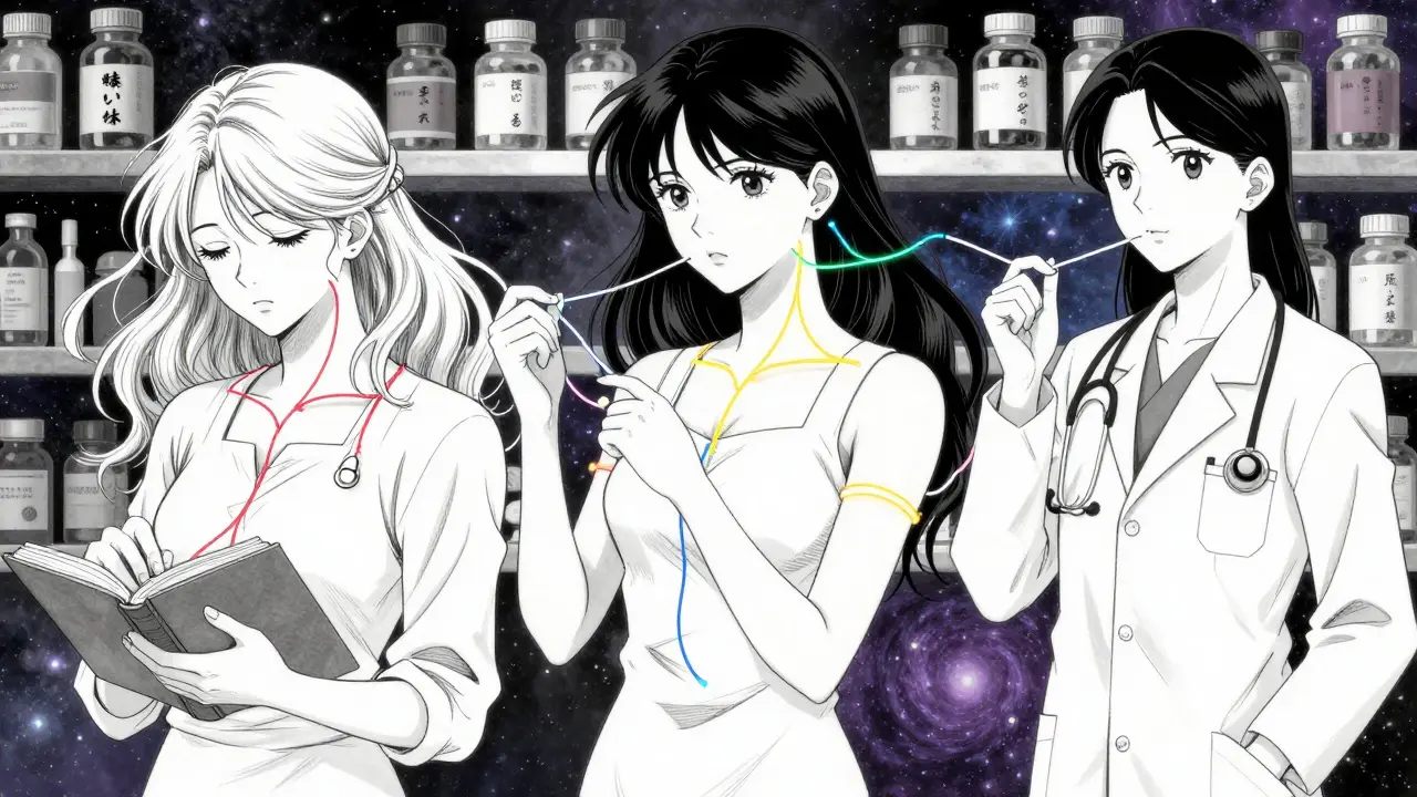 Three women connected by glowing neurotransmitter pathways, symbolizing informed choices in mental health and reproductive care.