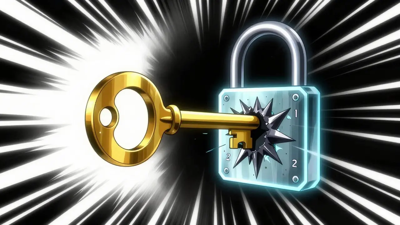 A golden key blocked by a metallic spike in a futuristic lock, symbolizing blocked receptors.