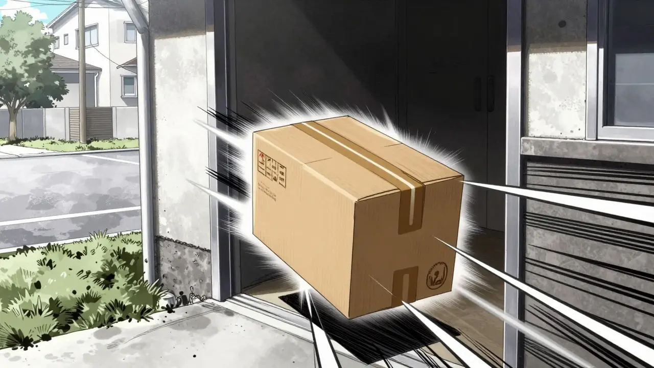 A pharmaceutical package delivered to a home doorstep with dynamic motion lines