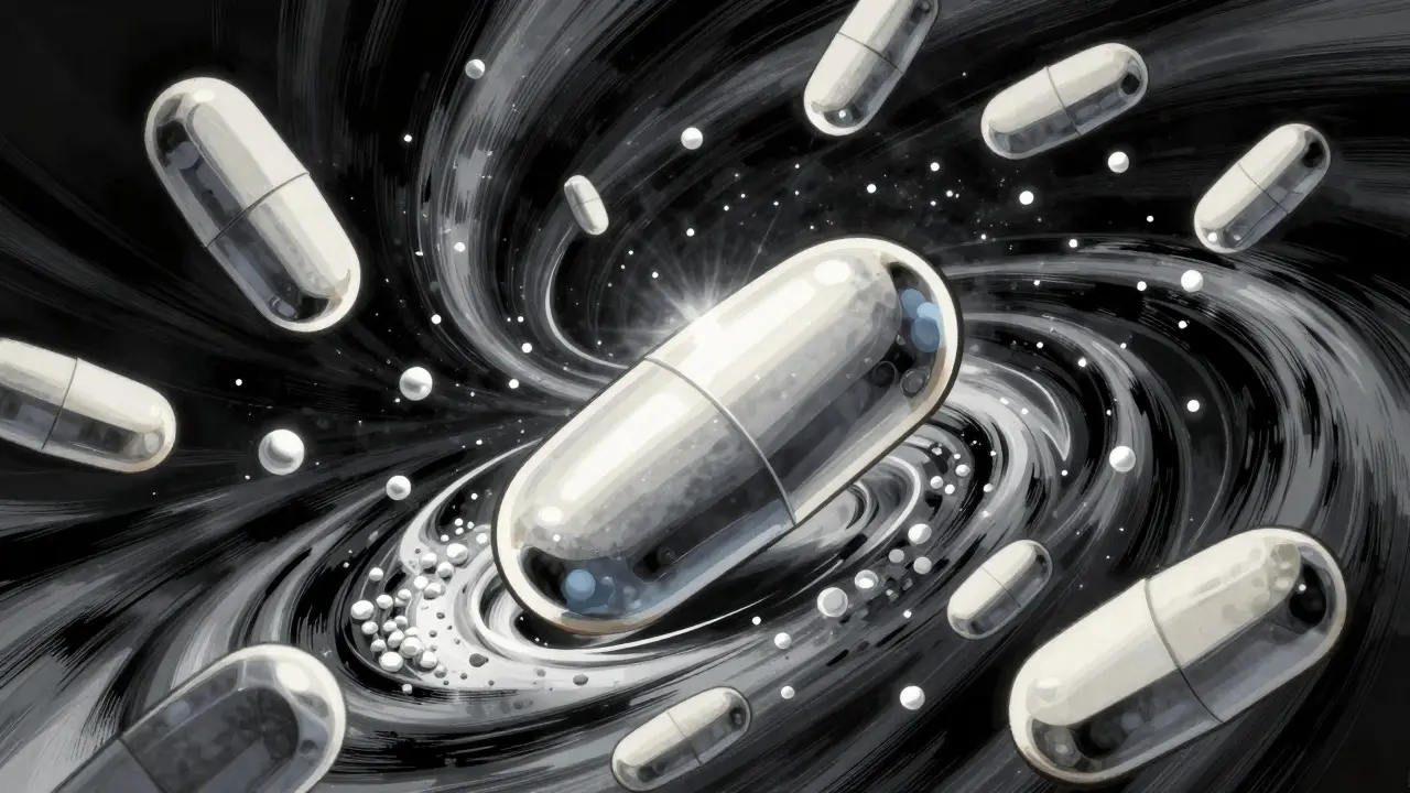 A pharmaceutical tablet being formed by various layers and binders in a dynamic manga art style.