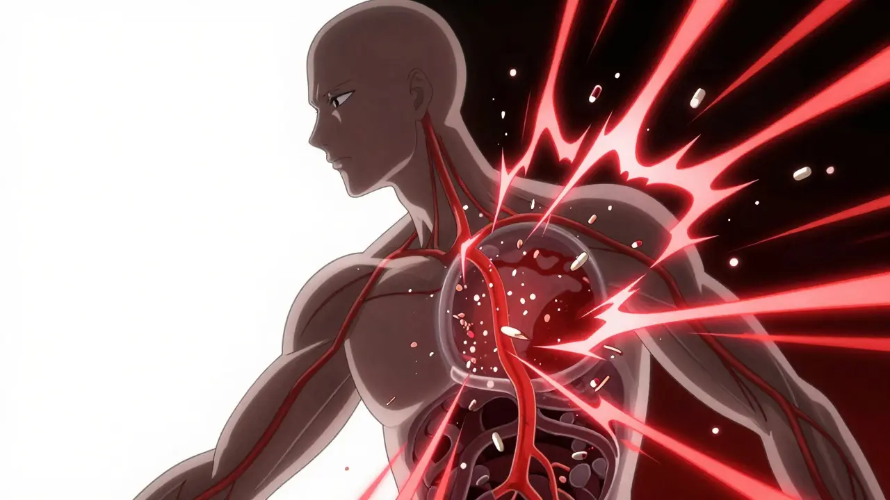 A stylized silhouette showing medication interacting with the bloodstream in a dramatic anime style.