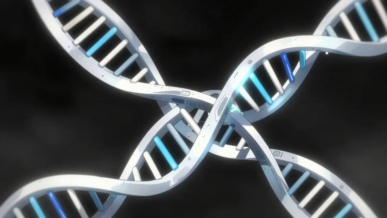 Anime style illustration of a DNA helix showing gene duplication for pharmacogenetic testing.