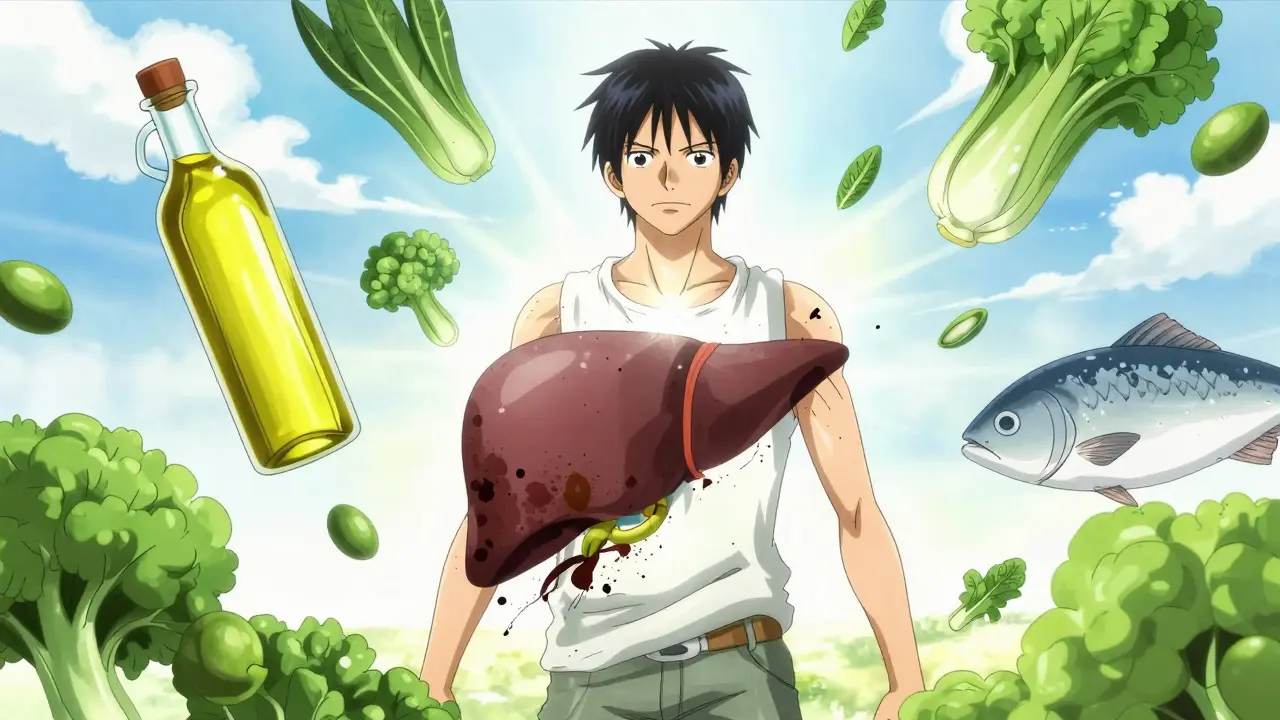 Anime style scene of a person recovering their health, surrounded by fresh Mediterranean foods and bright light.