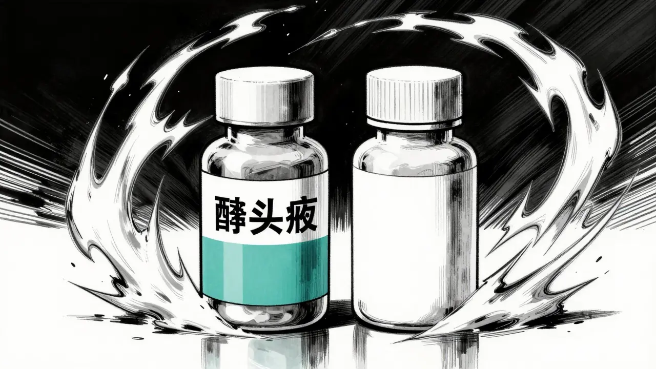 Comparison between brand-name and generic medication bottles in a stylized manga art style