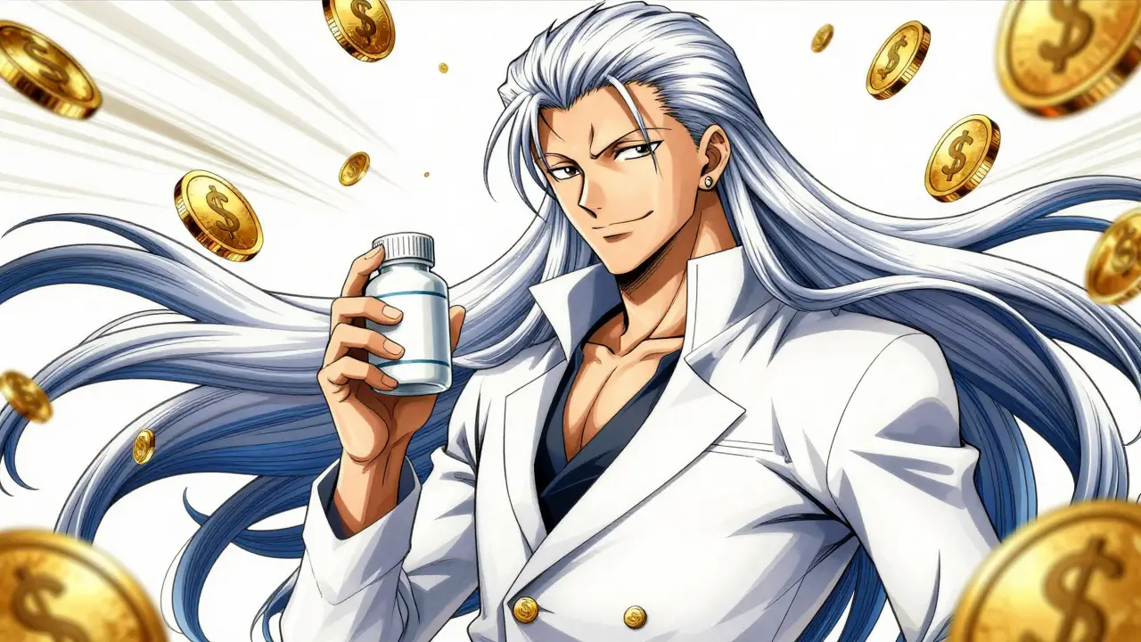 Confident anime character holding a bottle of generic medicine with floating coins