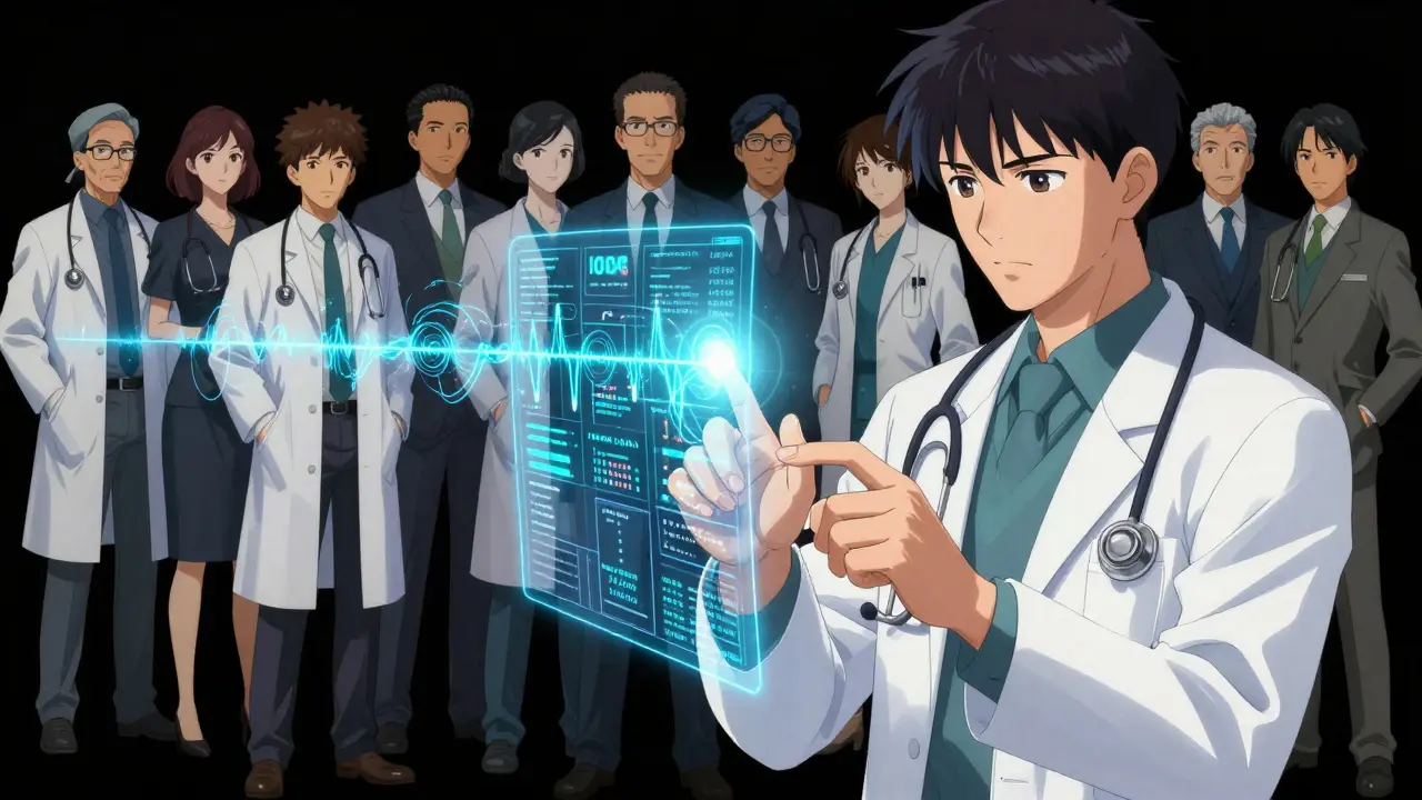 Doctor interacting with a digital stream of biometric data and a medical team.