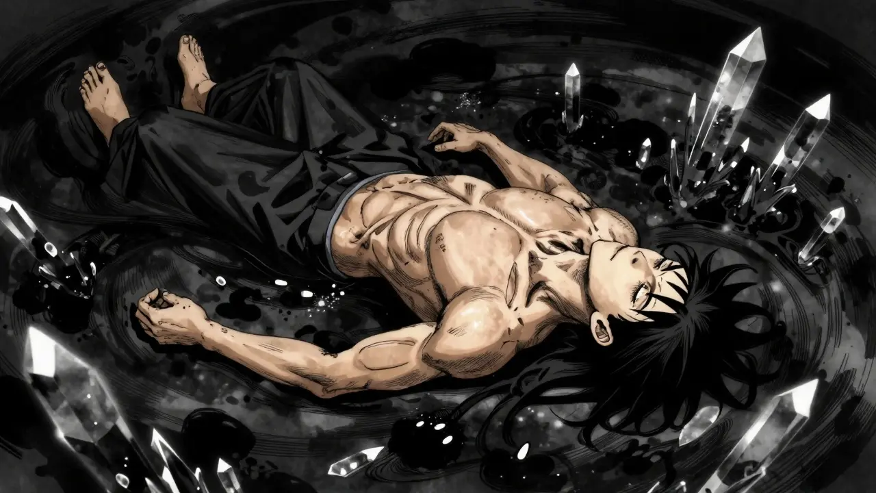 Dramatic anime depiction of a person slipping into a coma due to opioid toxicity.