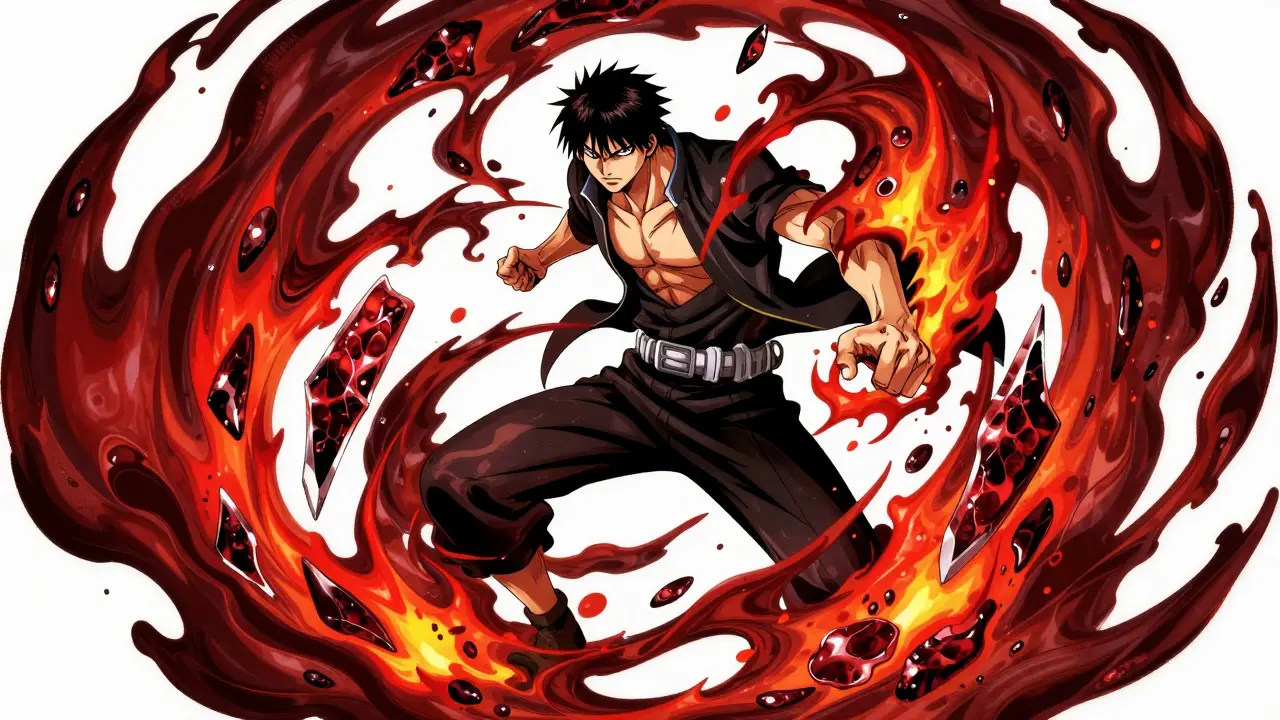 Dramatic manga art showing a person surrounded by red energy and jagged shards representing liver inflammation.