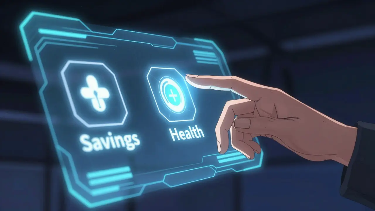 Hand interacting with a futuristic holographic healthcare and savings interface
