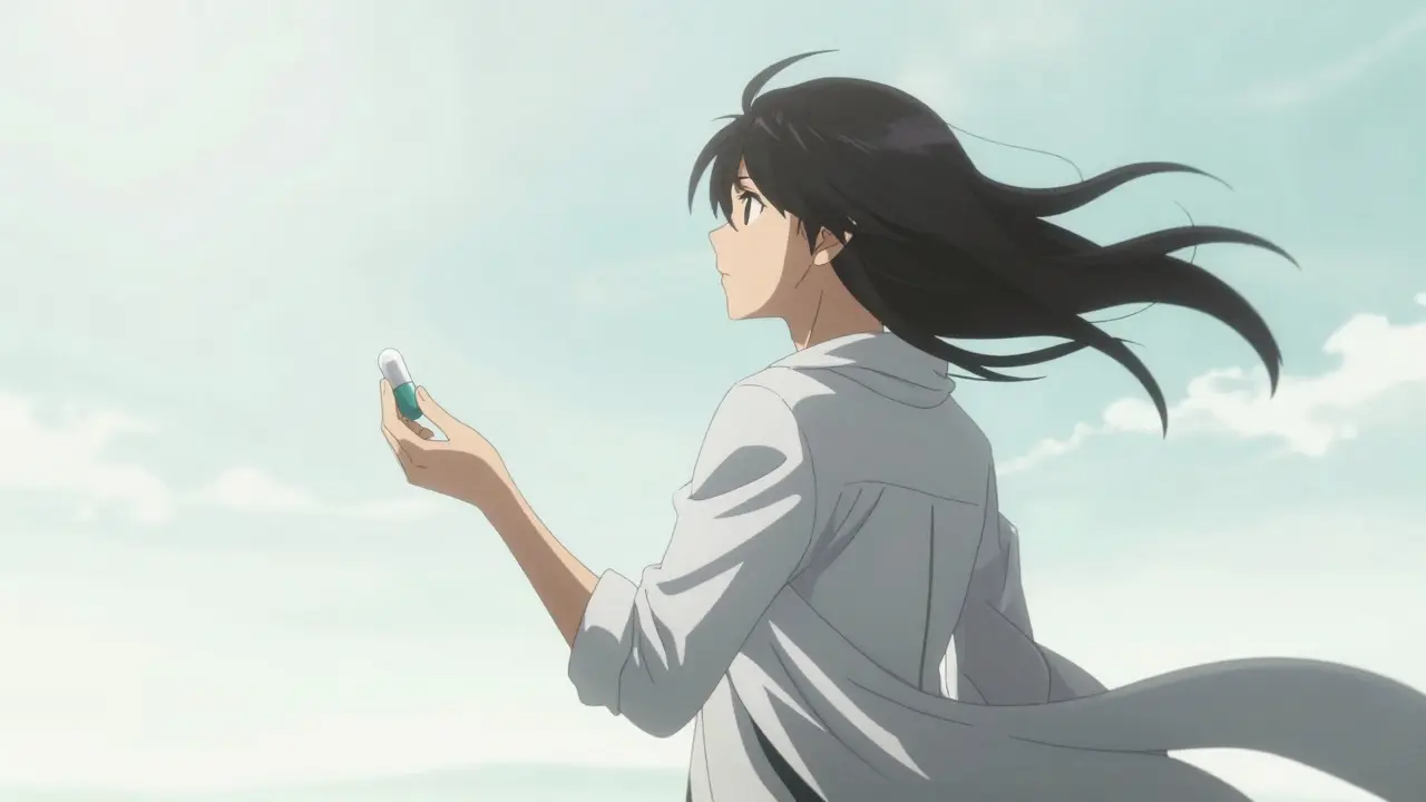 Person standing peacefully holding a medication capsule looking toward a bright horizon