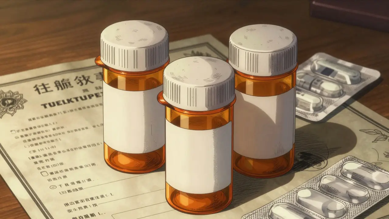 Prescription bottles and medical documents arranged on table.