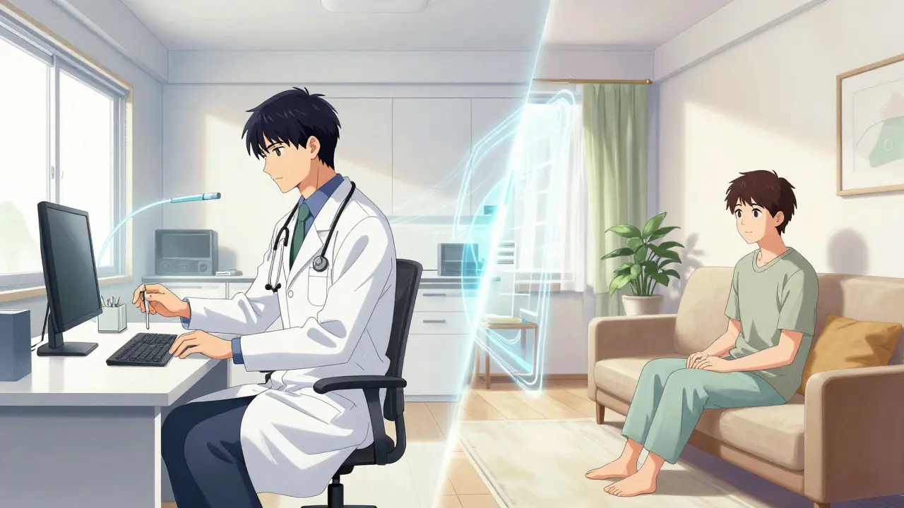 Split screen showing a doctor and patient connecting via a virtual care portal.