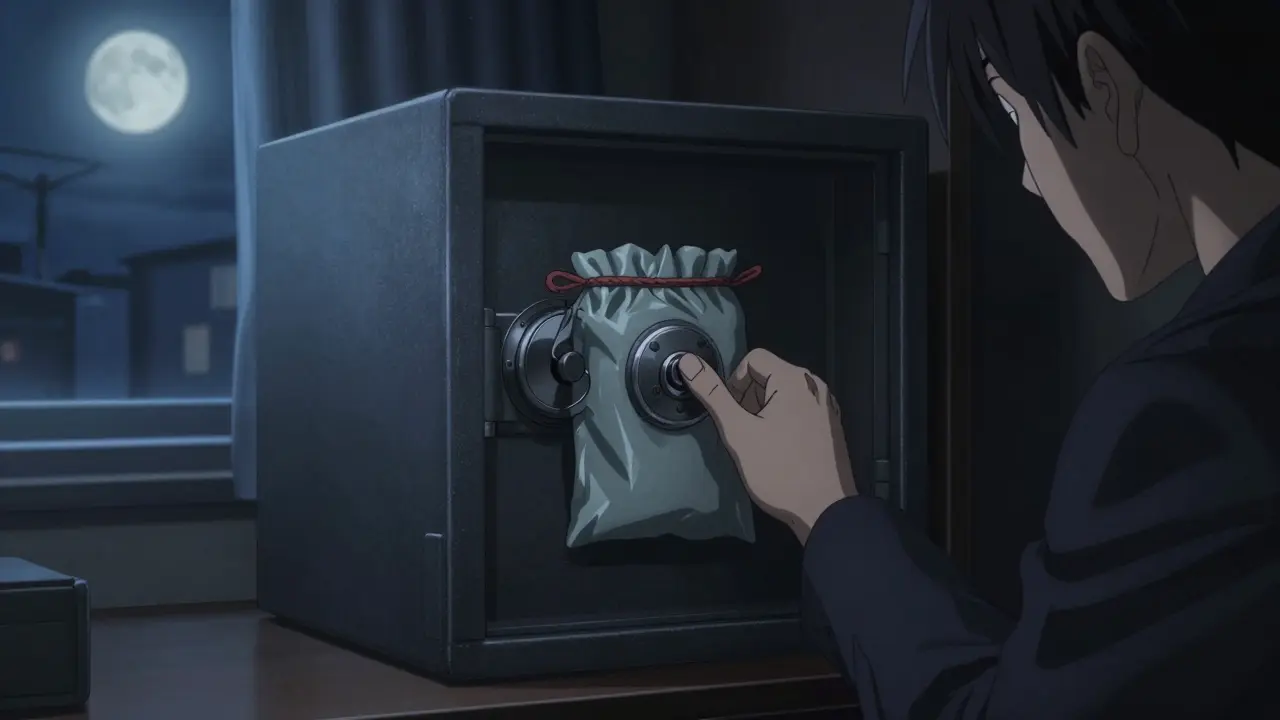 Traveler storing medication pouch inside hotel room safe.