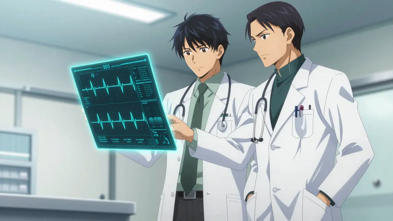 Two doctors in sharp anime style reviewing a holographic medical chart together.