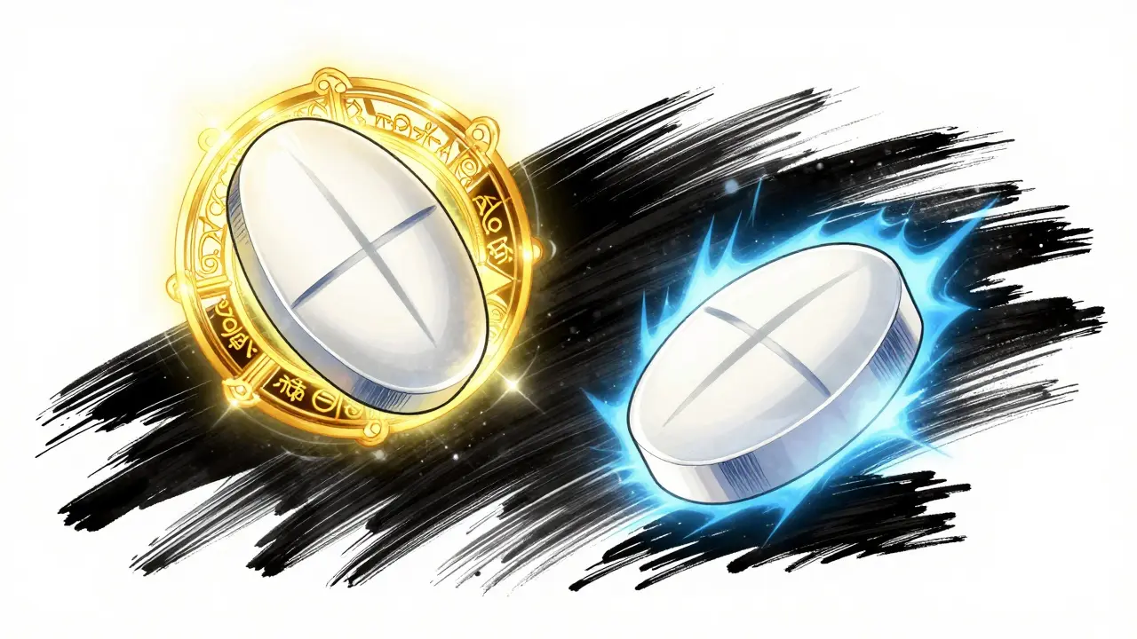Two identical medicine tablets, one with a gold aura and one with a blue aura
